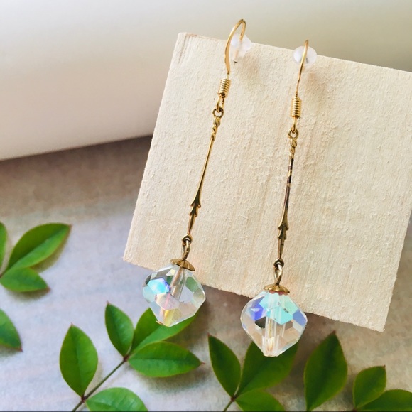 12K Gold Filled Posts Iridescent Crystal Bean Minimalist Dangle Earrings - Picture 3 of 7